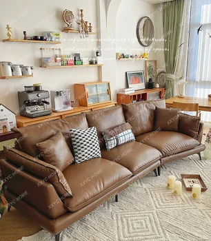 Легкий Роскошный кожаный диван в минималистском стиле для гостиной Современный минималистичный Первый слой из воловьей кожи с высокими ножками Прямой ряд