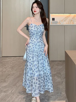 Летнее Бохо-синее Шифоновое Повседневное Длинное платье с цветочным рисунком, женское Модное Шикарное платье-слинг с бантом и открытой спиной 2023, Элегантное Облегающее Сексуальное платье Vestidos
