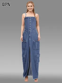 Модные джинсовые платья BPN без бретелек, с вырезом лодочкой, без рукавов, с открытой спиной, с разрезом в стиле пэчворк, с разрезом по карманам, женское платье, Новый стиль