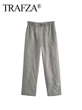Модные женские брюки TRAFZA с эластичным поясом и боковыми карманами, повседневные брюки, широкие брюки, Летние женские однотонные брюки с завязками.