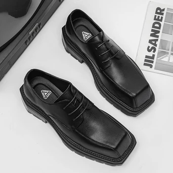 мужская роскошная модная обувь из натуральной кожи, дерби на шнуровке, черные стильные кроссовки с квадратным носком, обувь на платформе в стиле панк-рок