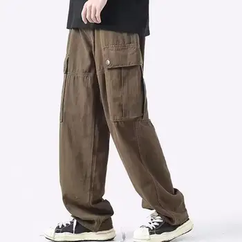 Мужские брюки свободного кроя, ретро-широкие брюки-карго с множеством карманов для мужчин, дышащие уличные брюки с разрезом в промежности, однотонные цвета
