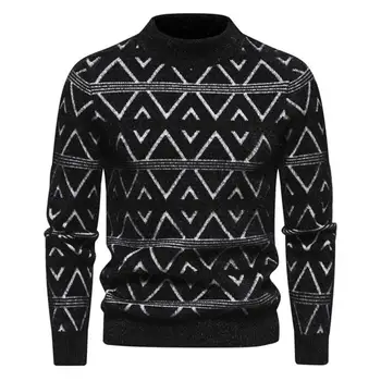 Мужские вязаные топы, свитер с ребристыми манжетами, мужской вязаный свитер с геометрическим рисунком, мягкий теплый пуловер с круглым вырезом для осенне-зимней моды