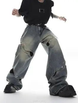 Мужские джинсы Y2k, Лоскутные Свободные мужские брюки с вырезами, модные винтажные Прямые джинсовые брюки с металлическими пуговицами, Широкие брюки w591