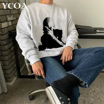Мужские толстовки из 100% хлопка, осенний пуловер большого размера с длинным рукавом, уличная одежда Y2k с графическим рисунком, винтажная корейская модная одежда