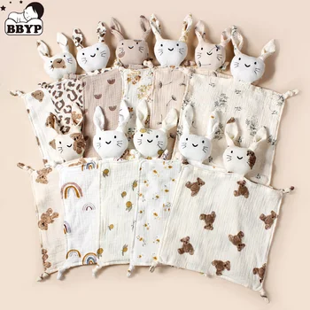 Муслиновое полотенце с детским личиком, Мягкая Кошка, Кролик, Защитное одеяло для сна, Хлопчатобумажное Марлевое полотенце для новорожденных, Носовой платок