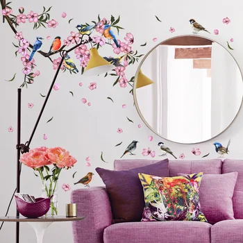 Наклейки на стены с птицами и цветами персика для украшения фоновых стен в гостиной - Самоклеящиеся рисунки на стенах