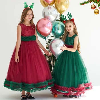 Нарядные вечерние платья принцессы с цветочным рисунком для рождественских девочек, детская одежда из подросткового зеленого тюля, Детские свадебные вечерние платья