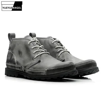Новая Горячая распродажа мужской обуви из натуральной кожи на шнуровке для мужчин, мотоциклетные ботинки, нескользящие комфортные ботильоны в стиле ретро, серого цвета, бесплатная доставка