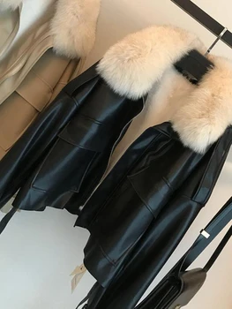 Новая женская куртка Осень-зима, плюшевая толстая кожаная куртка, короткий съемный воротник из искусственного меха Лисы, Модное элегантное меховое пальто