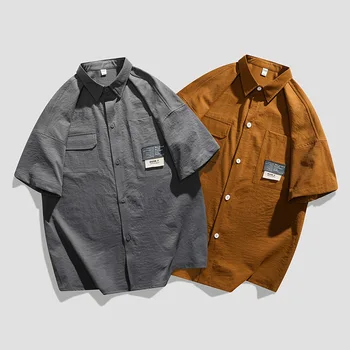 Новая мужская летняя рубашка с коротким рукавом, повседневные свободные рубашки с отложным воротником, мужская рабочая одежда с несколькими карманами, уличная одежда Harajuku