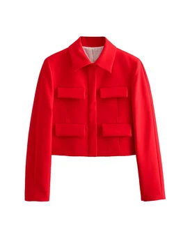 Новый осенний женский блейзер с длинным рукавом и воротником-лацканом, красное укороченное пальто с клапаном