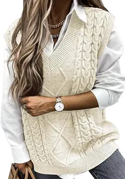 Осенне-зимний женский вязаный свитер-жилет, Свободный, без рукавов, однотонный, Элегантный, в стиле колледжа, Модный, Новый, с V-образным вырезом, повседневный
