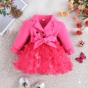 Платье для маленьких девочек VIPOL, одежда для вечеринки в честь Дня рождения на 1 год, сетка с бабочками, длинный рукав, весна-осень, костюм принцессы для новорожденных, Vestidos