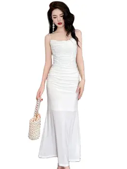 Платье, элегантные длинные платья для женщин, сексуальный белый эластичный ремешок, складки, накидка на бедра, халат с рыбьим хвостом, вечерние пляжные платья