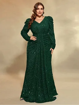 Плюс Размер V образный вырез с длинным рукавом Свадебное банкетное Многоцветное длинное платье с блестками 4XL 5XL Большого размера Роскошное сверкающее вечернее платье