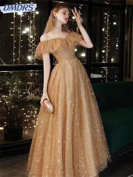 Простое платье для выпускного вечера с открытыми плечами 2024 Очаровательные вечерние платья трапециевидной формы с принтом, сексуальные платья в пол из тюля, Vestidos De Novia