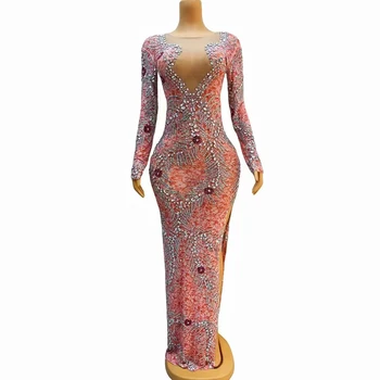 Сексуальное розовое Прозрачное платье с длинными рукавами, украшенное серебряными стразами, Вечернее платье для празднования Дня рождения, эластичный костюм, платья для танцевальных представлений