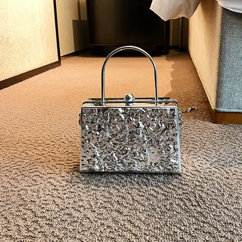 Серебристый вечерний клатч, женская сумка, клатч с квадратным металлическим покрытием, модная сумка через плечо, роскошный кошелек
