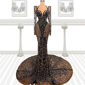 Сшитое на заказ вечернее платье знаменитости Черного цвета, Прозрачное кружево, расшитое бисером, Кисточка с драгоценными камнями, Роскошное Сексуальное праздничное платье 2023 года.