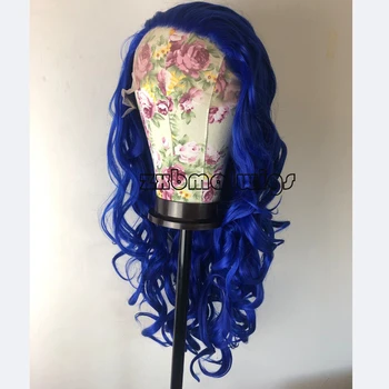 Темно-синий предварительно выщипанный парик из синтетических волос свободной волны на шнурке спереди для женщин, прозрачные кружевные парики из бесклеевого волокна волос