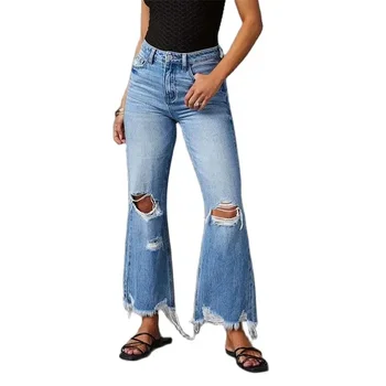 Трендовые женские джинсы с дырками на коленях, модные брюки-клеш с высокой талией, женские повседневные удобные повседневные джинсовые брюки с широкими штанинами