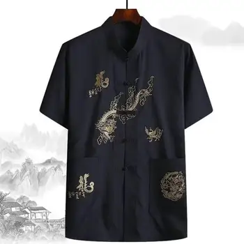 Тренировочная рубашка с принтом дракона, мужская традиционная китайская льняная рубашка Танг с застежкой на ручную пластину, восточный дизайн для удобства