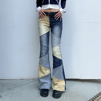 Уличная одежда, Многоцветные лоскутные джинсы-карго, женские расклешенные брюки с высокой посадкой, повседневные винтажные джинсовые брюки с напуском