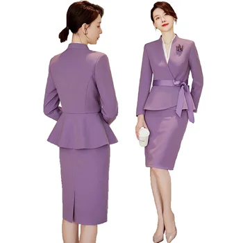 Фиолетовые комплекты из 2 предметов, женский блейзер с поясом, новинка 2023 года, модные офисные женские блейзеры с V-образным вырезом, повседневные облегающие костюмы с мини-юбкой