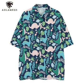 Хип-хоп Мужские пляжные рубашки с зелеными листьями в виде животных Гавайская рубашка Летняя уличная тонкая модная одежда Унисекс Уличная одежда Топы
