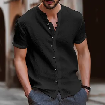 Хлопчатобумажная конопляная мужская рубашка с длинным рукавом, летняя однотонная повседневная пляжная рубашка большого размера