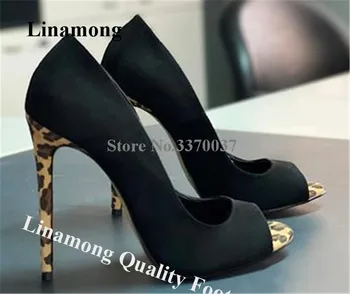 Черные леопардовые туфли-лодочки в стиле пэчворк Linamong, модные замшевые туфли на шпильке с открытым носком, для вечеринок, без застежки, на каблуках большого размера, для платья.