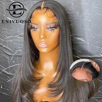 Шелковистые прямые парики с синтетической кружевной застежкой 4X4 для чернокожих женщин многослойного кроя с натуральными волосами, носите бесклеевые парики для вечеринок
