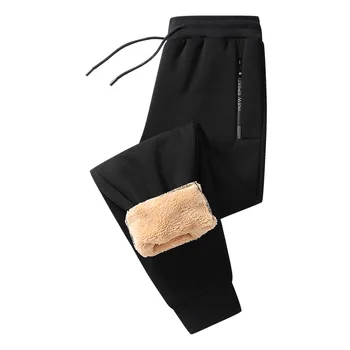 Эластичные спортивные брюки из овечьей шерсти, зимние повседневные утепленные плюшевые теплые Мужские спортивные брюки, прямые однотонные Мужские брюки с принтом