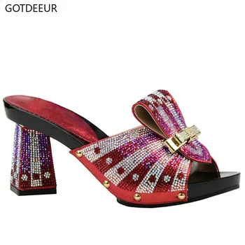 Элегантные свадебные туфли красного цвета со стразами Итальянские женские босоножки Обувь для вечеринки Африканская свадьба Женские туфли-лодочки без застежки на высоком каблуке